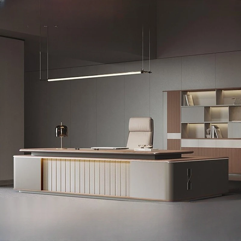 &Italian Luxury Design Furniture Walnut Wood High Standard with Light Strip Manager Table boss Office Desk for CEO