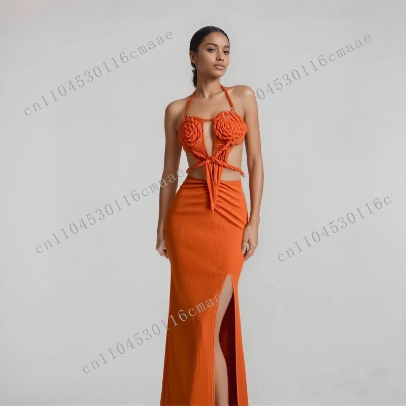 

High Quality Summer Hollow Out Knitted Halter Neck Bodycon Sexy Maxi Women Dress