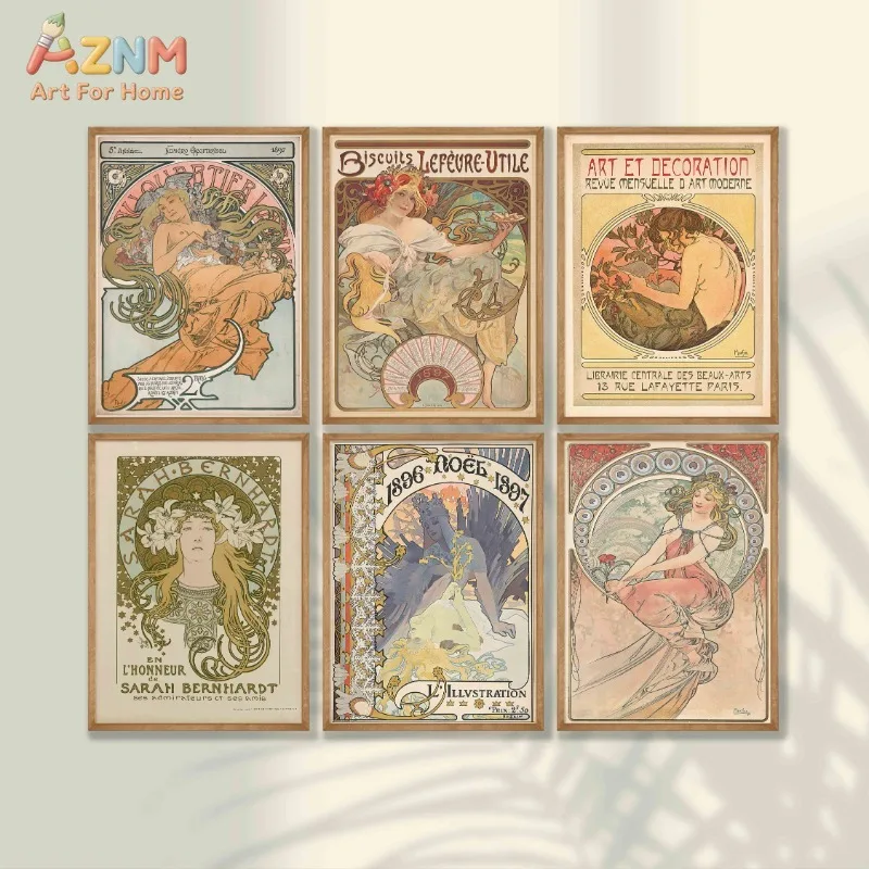 AZNM Alphonse Mucha Art Nouveau Vintage Canvas Wall Art, Classic French Poster Print, Frameless Retro Aesthetic Home Decor Poste