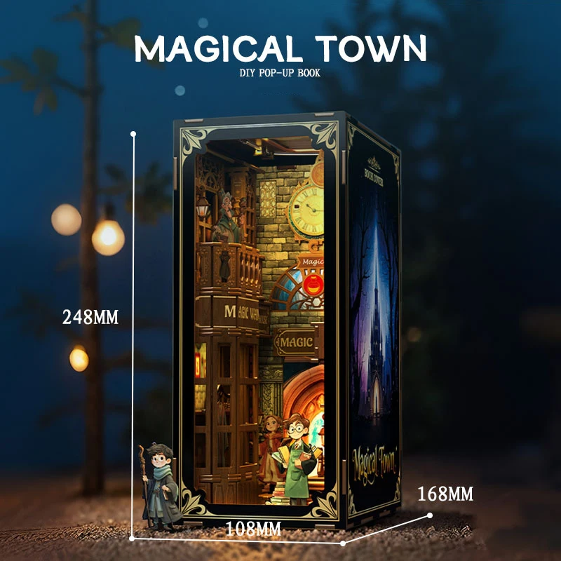 Kit di inserti per scaffali per angolo di libri di città magica in legno fai-da-te Kit di modelli in miniatura con fermalibri per scaffali per mobili per amici, regalo di compleanno