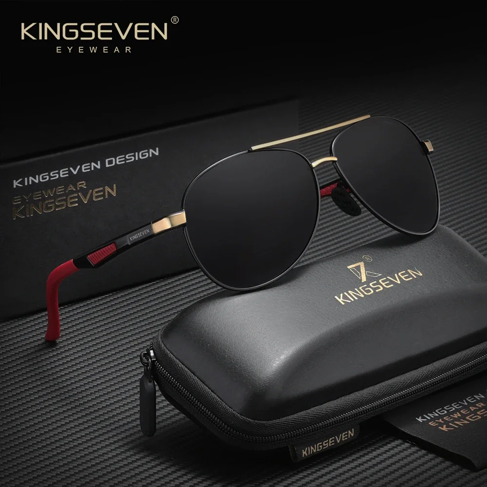 KINGSEVEN Polarisierte Herren-Sonnenbrille mit UV400-Schutz, Pilotenbrille aus Aluminium mit Design-Bügeln für Autofahrer