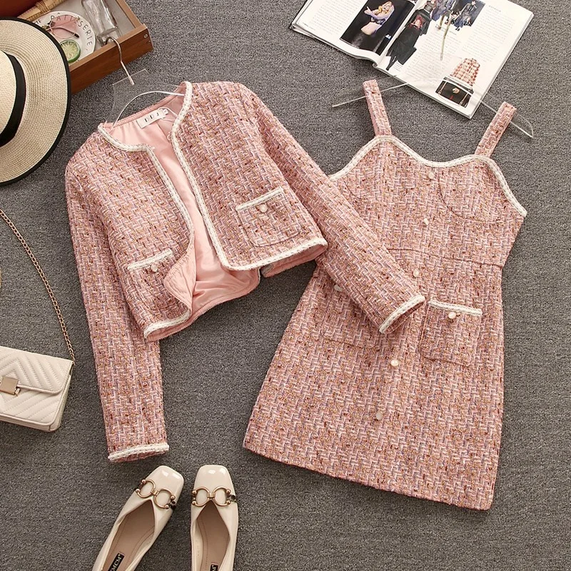 2022 Autumn Winter New Dress Suits Women\'s Vintage Tweed Jacket Coat + Slim Suspenders Short Dress Two-piece Sets Lady Outfit