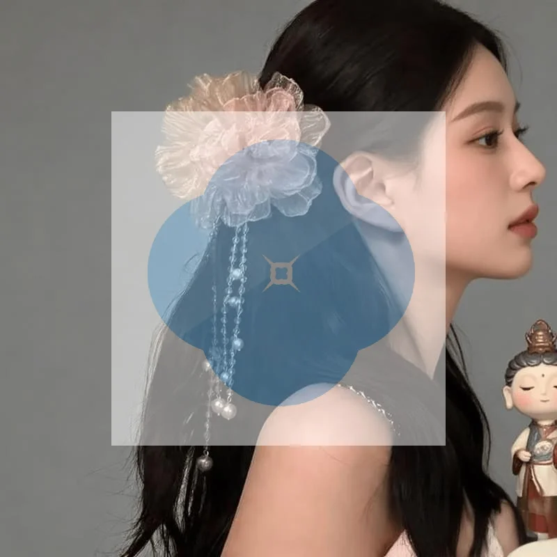 1Pcs Organza Flower Hair Clip With Dangling Pearl Tassel And Romantic Elegant Design For Hanfu Photoshoots Weddings Daily Wear