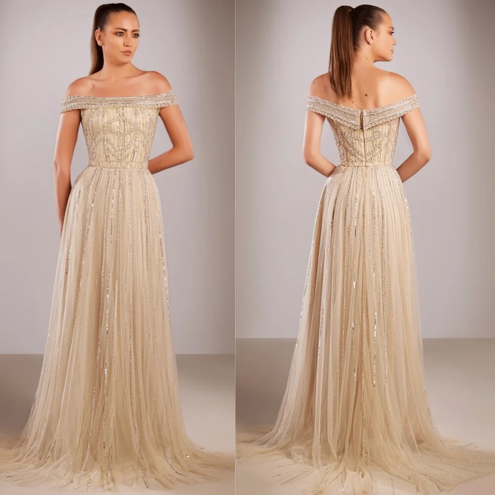 

Customized Intricate Matching Chiffon Sequined Pleat A-line Off-the-shoulder Long Dresses Bespoke Occasion Sexy