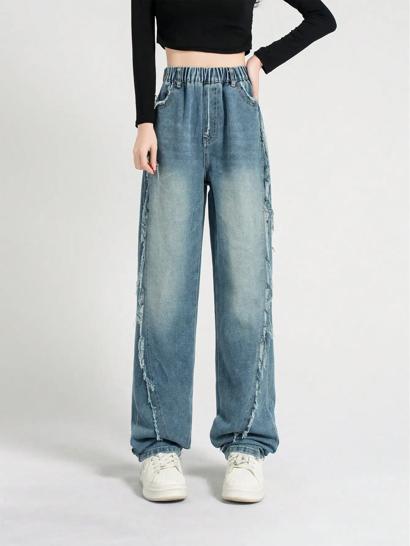 

Girls' Frayed Hem Straight-Leg Casual Trousers - Academic Style, Versatile, Vintage High-Street Flared Washed Denim Jeans