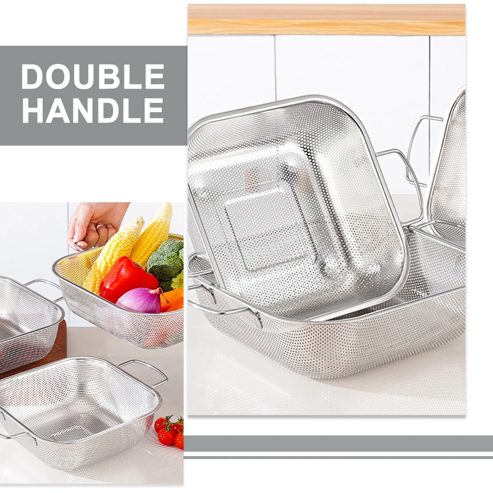 

1pc Stainless Steel Double Handle Drain Basket for Kitchen Vegetable Washing Strainer Colander Fruit Rice Wash Binaural