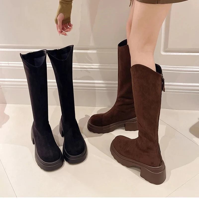 

Винтажные женские эластичные тонкие высокие сапоги, модная обувь на молнии сзади, женские рыцарские длинные ботинки на толстом каблуке, новая женская обувь