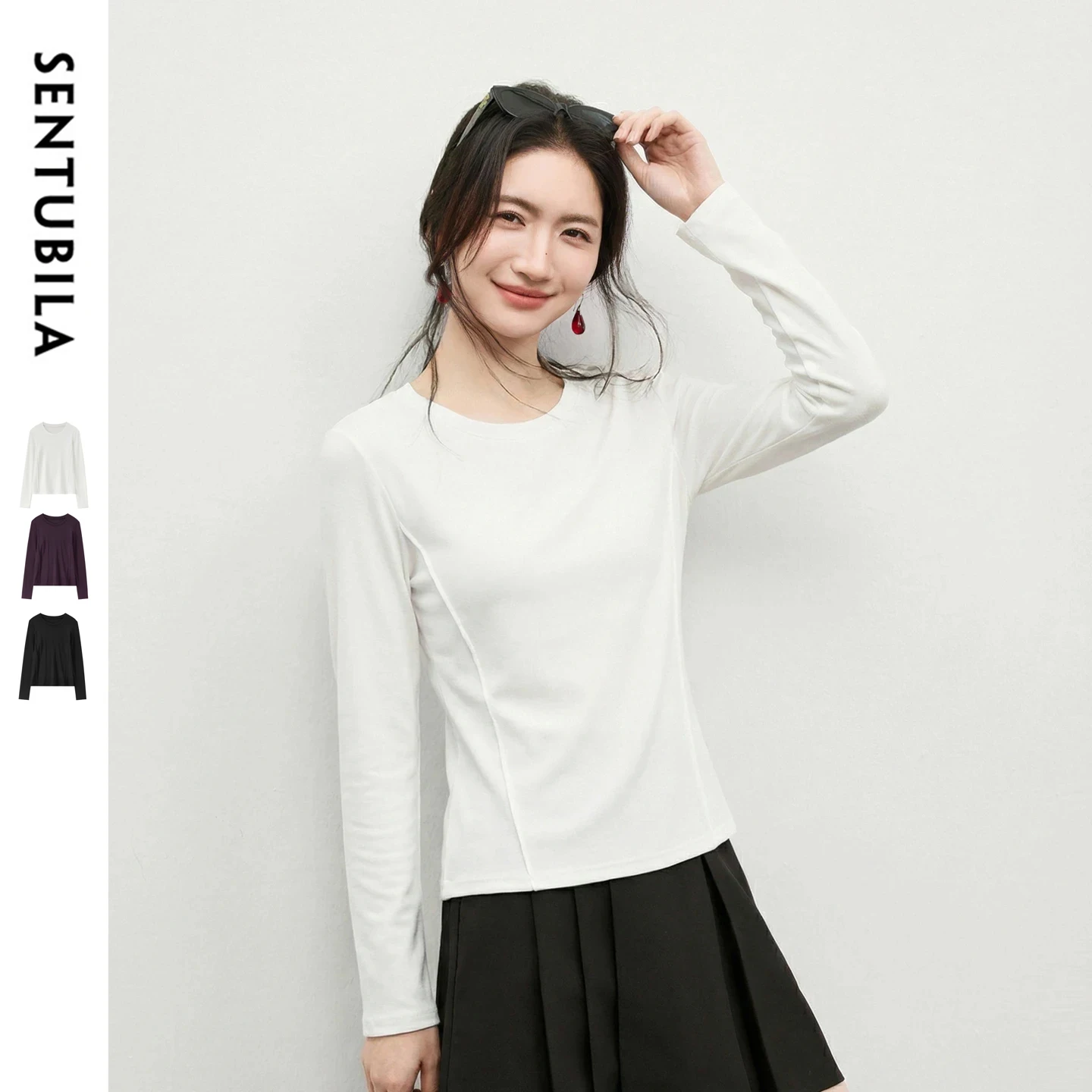 

Женская футболка SENTUBILA из шерстяной смеси, эластичная трикотажная, весна 2026, простой повседневный свободный топ с длинным рукавом, женская одежда W61SF5841