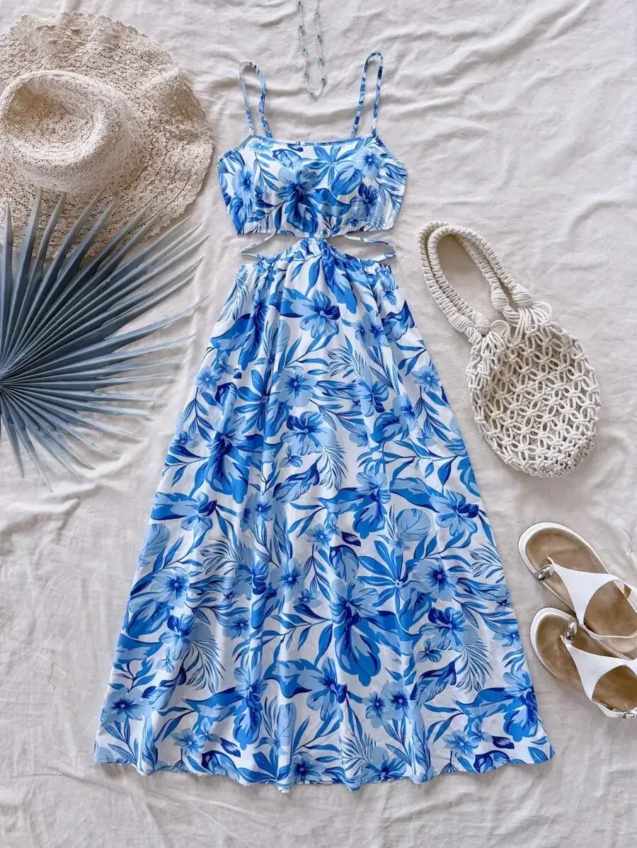 

Blue Floral Print Cutout Cinched Waist Drawstring A-Line Midi Vacation Dress For Women