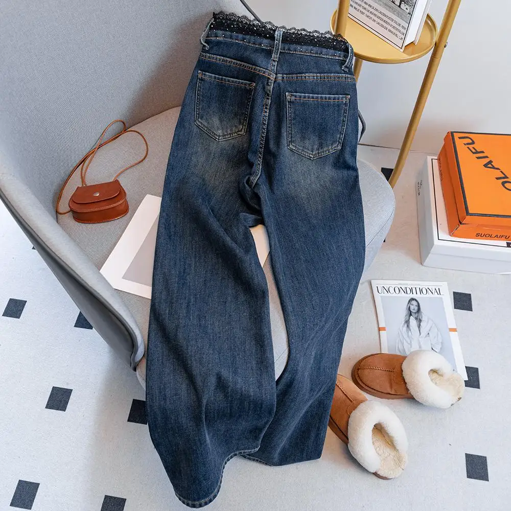 Vintage rendas strass denim calças femininas coreano cintura alta retalhos perna larga jeans na moda fivela casual calças retas