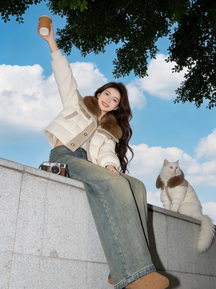 

Корейская женская пуховая куртка с большим меховым воротником, уникальная утепленная хлопковая куртка-пуховик