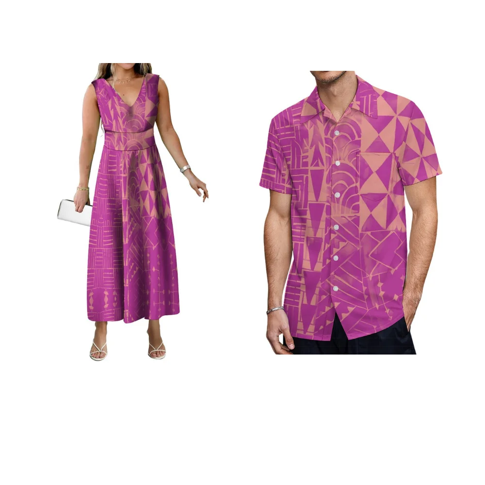 Elegant Sleeveless V-Neck Long Skirt Pocket Shirt Men And Women'S Suit Polynesian Art Print Custom Couple Party Dress Suit