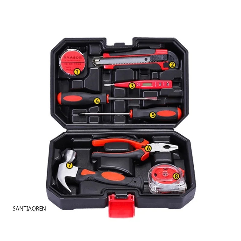 

2025Customizable 9-Piece Household Multi-Function Hardware Toolbox Kit Combination Tools Set Hand-Power Source Hard Case OEM