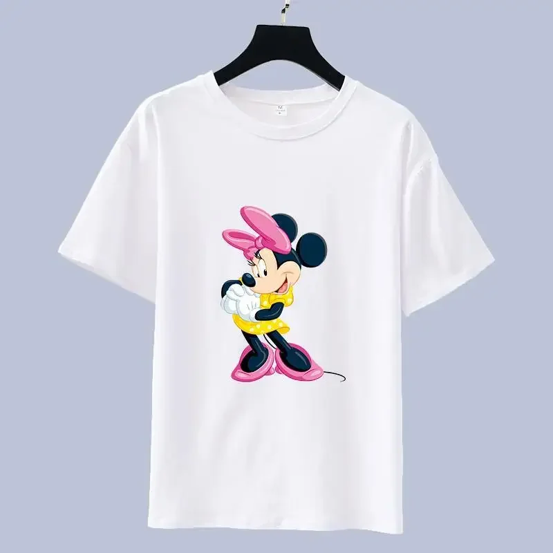 

Disney 2025 Новая популярная белая футболка с Минни Маус, детская весенняя хлопковая футболка с розовым бантом, желтое платье, классическая поза, мягкая ткань для девочек