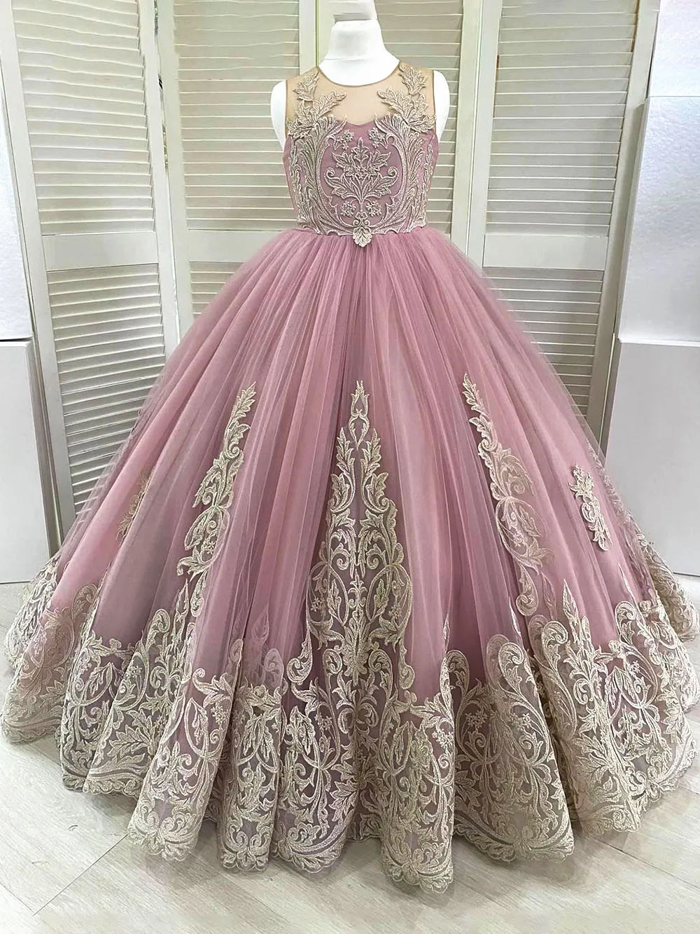 Rosa tule vestidos da menina de flor para o casamento ouro renda inchado princesa sem mangas até o chão crianças vestido festa aniversário vestidos baile