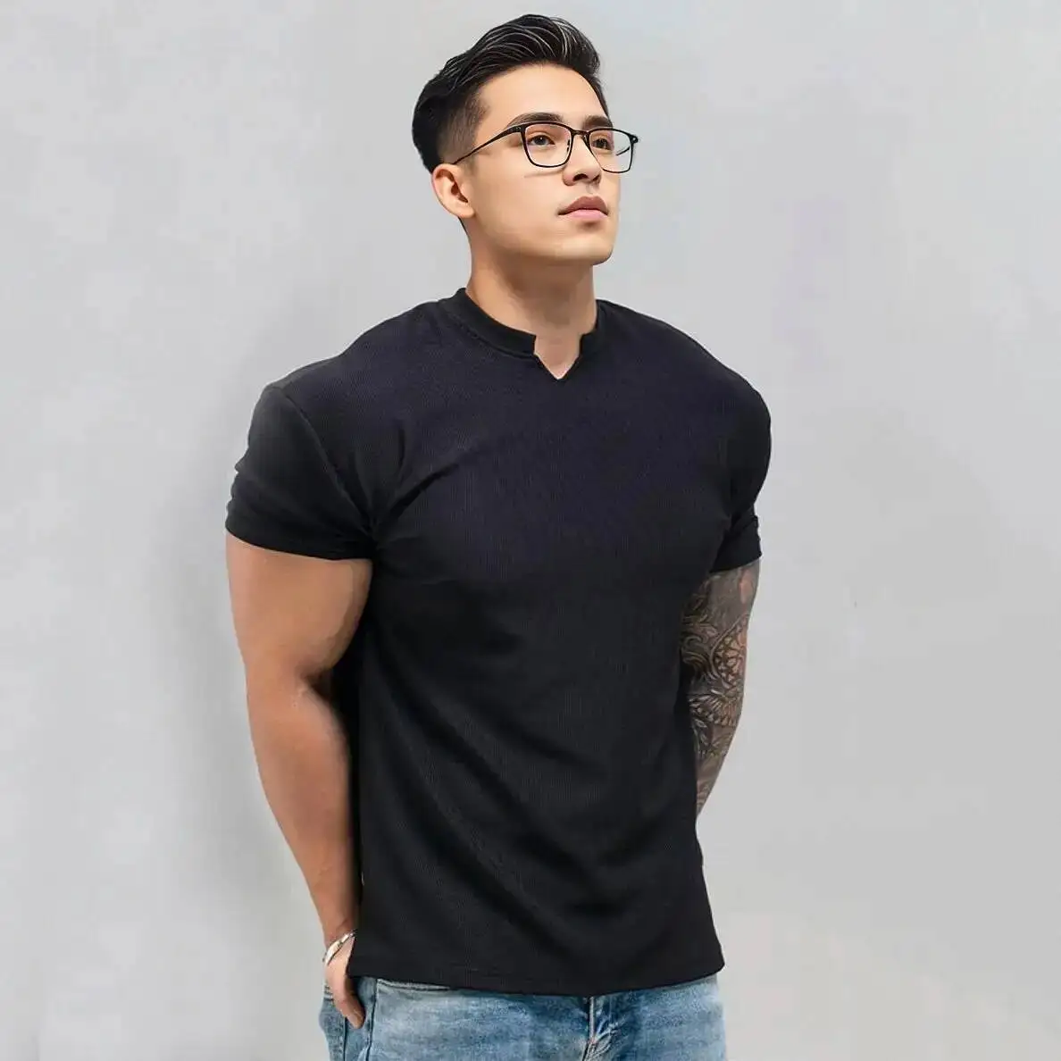 

New Summer Large-Size Texture With Cuffs That Make You Look Big Anti-Wrinkle Quick-Drying Fiess Sports Short T-Shirt