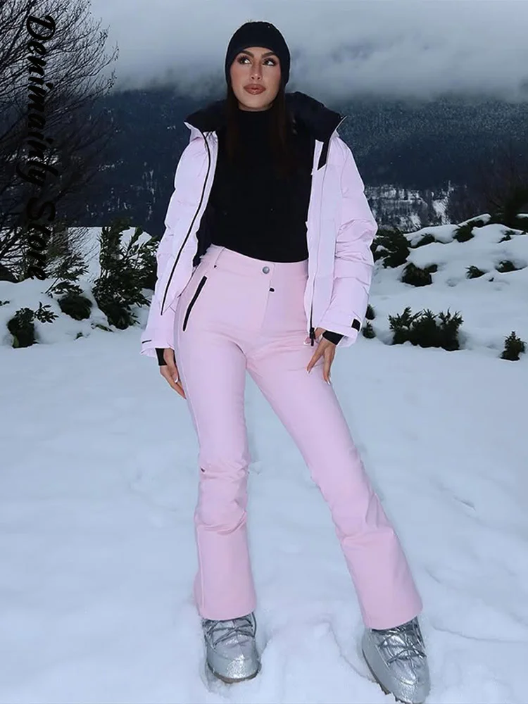الوردي يندبروف ملابس التزلج السراويل 2 قطع مجموعات النساء مقنعين سستة معاطف جيب واسعة الساق بانت 2025 الشتاء سيدة الدافئة رياضية جديد