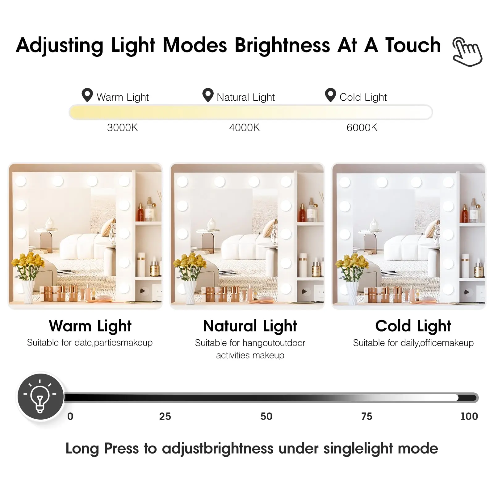 Vabches مكتب زينة مع أضواء مرآة طاولة تزيين مكياج مع منفذ طاقة 4 أدراج أثاث طاولة زينة خشبية لغرفة النوم