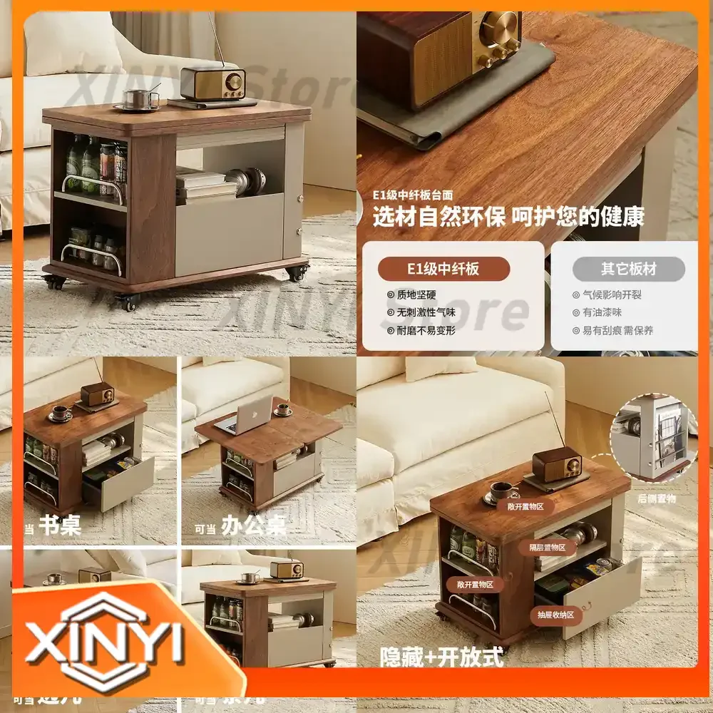 Mobile Side Table for TONGYUTE Wabi Sabi Style Solid Wood Small Living Room Multi Functional Storage Cart Coffee Table for