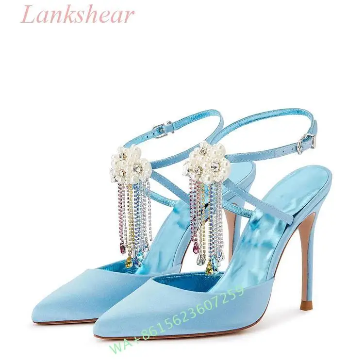 2024 Summer New Women's Light Blue Satin Ankle Strap Stiletto Heels Rhinestone Fringe Pumps Dress Elegant Pointed Party Pumps