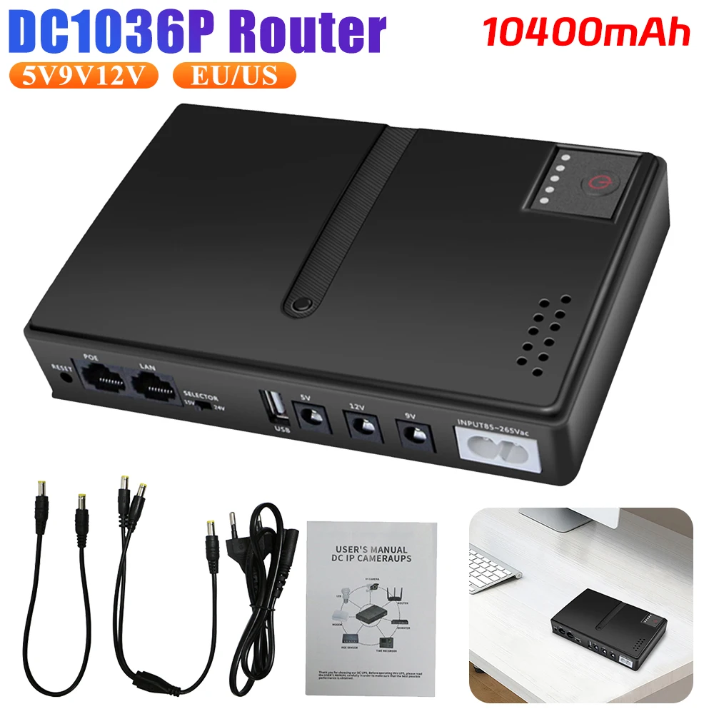 AC85-265V DC1018P Router 5V9V12V 36W Optical Cat Monitor Backup Uninterruptible 10400Mah DC Power Supply Charger Cell Phone UPS