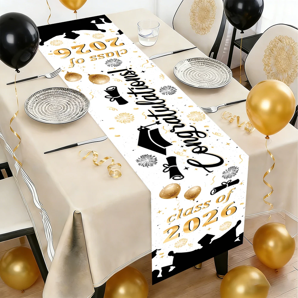 Chemin de table de graduation, classe de 2026, motif toque et diplôme, en polyester, pour célébration de la remise des diplômes et décoration de fête