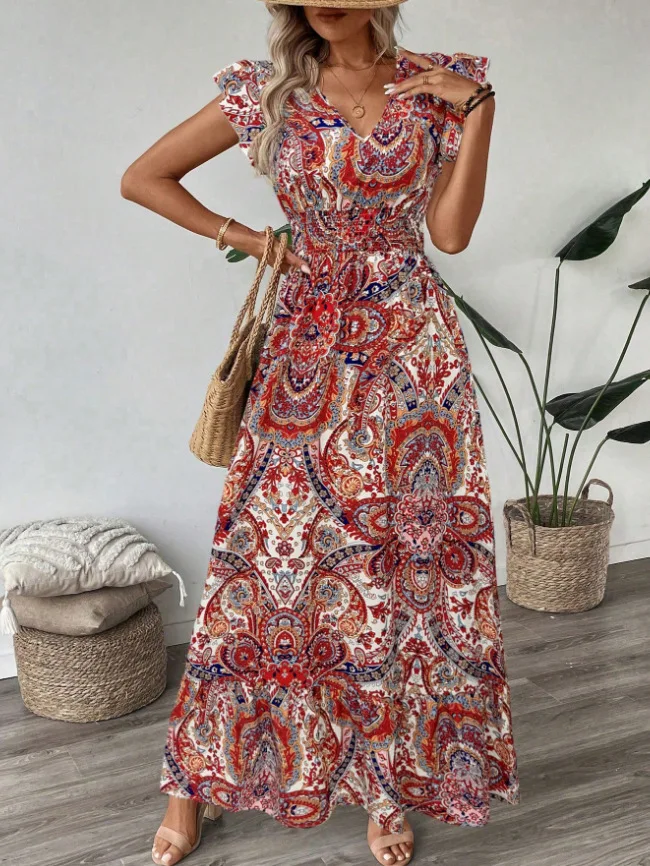 Women's Floral Print Summer Dress 2025 New Boho A-Line Swing Dress With Sleeveless High Waist Flowy Maxi Dress For Beach Vestido