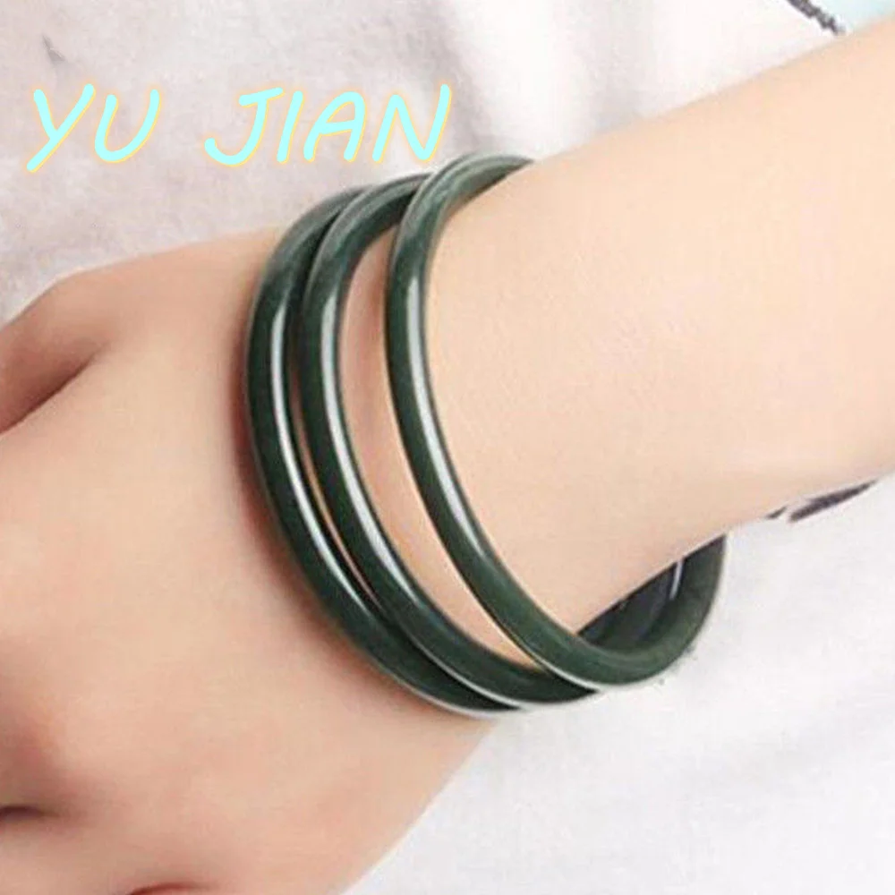 

New Natural Hetian Jade Round Bar Bangle Delicate Qing-jade Bracelet Original Ecological Exquisite Handring 3PC Fine Jewelry