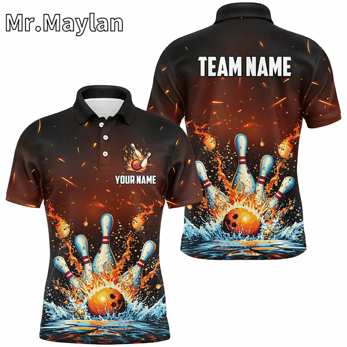 3D Fire and Water Bowling Ball Pins Jersey Polo Shirt for Men Custom Flame Bowling Team Jerseys Gift for Bowling Lovers Tops