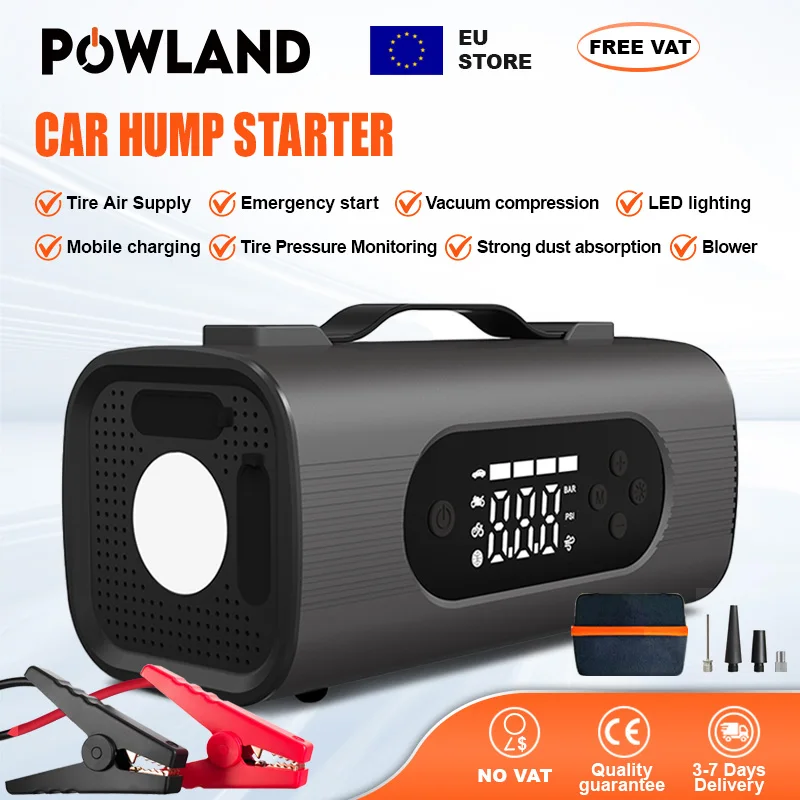 POWLAND 4000A Jump Starter met luchtcompressor 150PSI 12V autoaccu boosterpack PD 30W snelladen LED-lamp