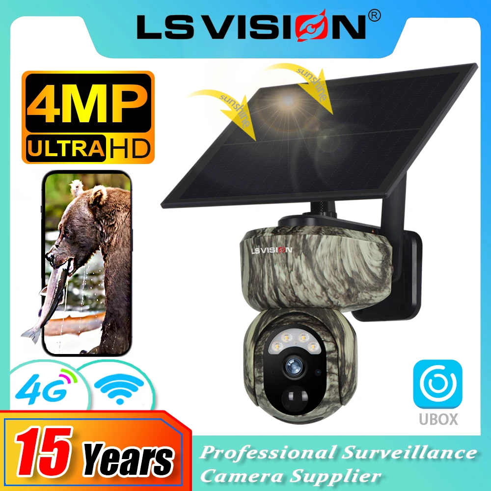 Ls Vision 4mp Cámara solar camuflada 2k Monitor de caza al aire libre Cámaras de visión nocturna infrarrojas y en color Cámaras inalámbricas para la