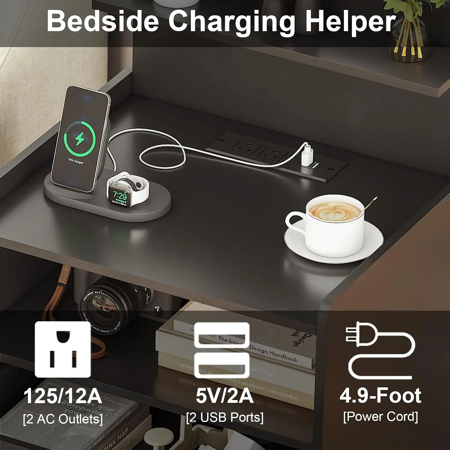 LED Nightstand with Charging Station, Night Stand with 2 Drawers and Open Storage, Bedside Table with LED Lights