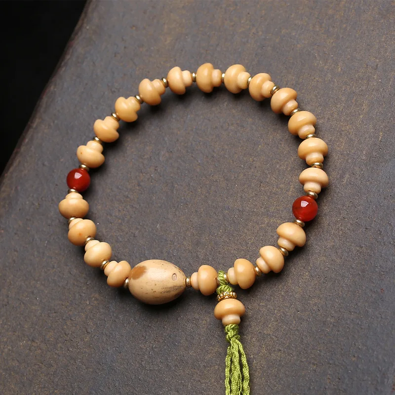 Ridge Bodhi Mushroom Bracelet With Red Agate, Glass, Purple Gold, Rat Tiger Tooth Beads, And Dzi Bead Accessorie