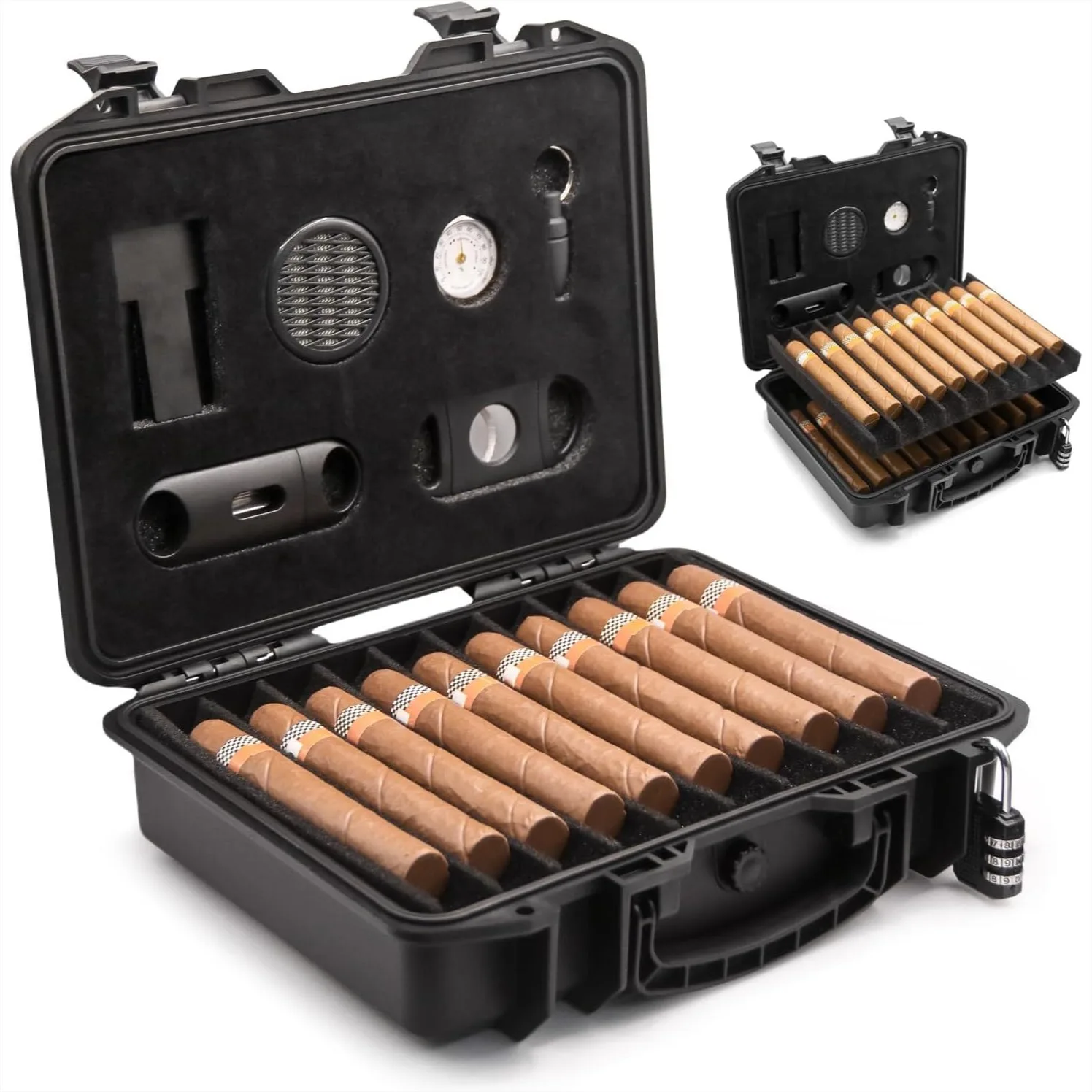 

Travel Cigar Humidor Case Lockable Holds 20 Cigars Waterproof Crushproof Portable Kit