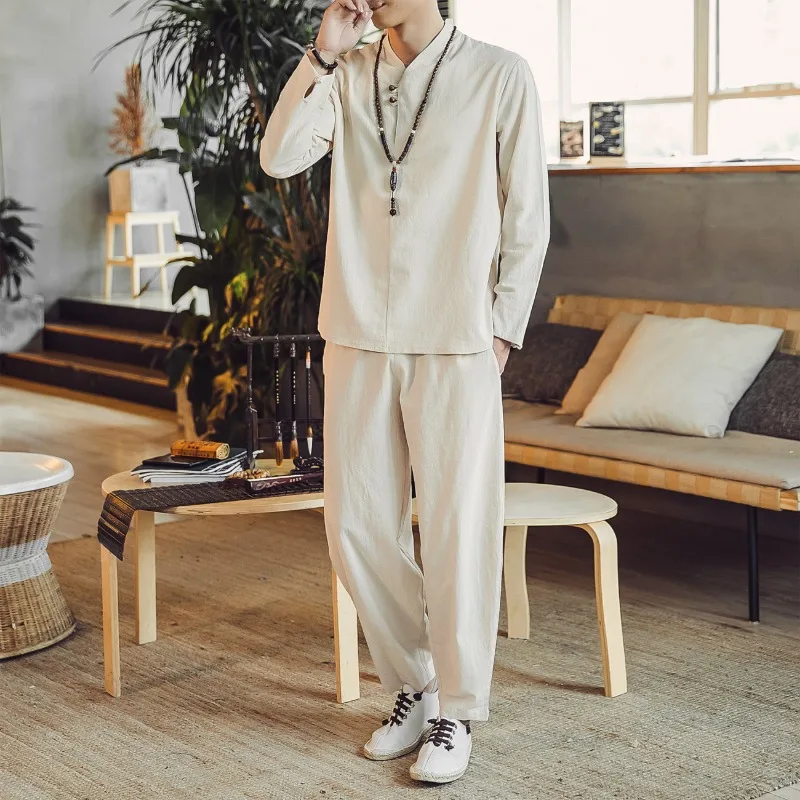 Men New Chinese Style Linen Outfit 2 Piece Set Tang Suit Hanfu Casual Suit