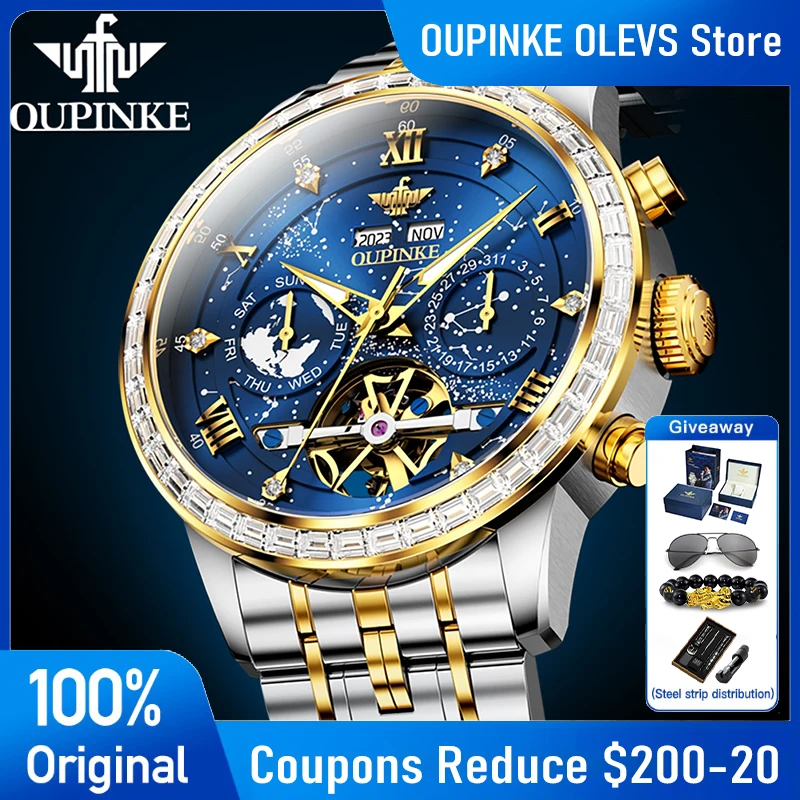 

OUPINKE 3255 Mens Watch Luxury Business Tourbillon Automatic Mechanical Watch 50M Waterproof Watch Starry Sky Dial Free Gift