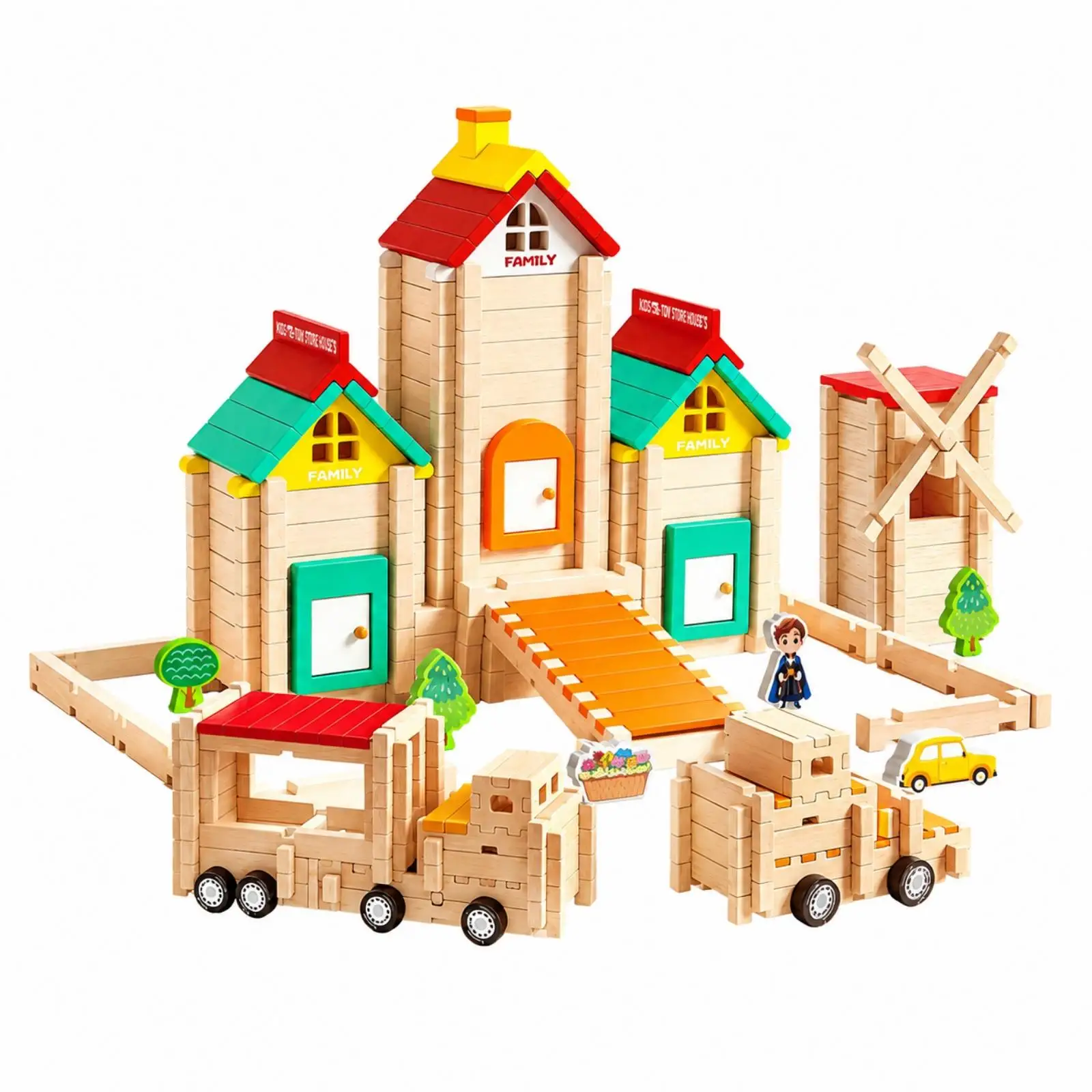 Wooden Mortise Tenon Building Blocks Set for Kids 308 Pieces Car Home Architecture Toy with Handle Case Smooth Rounded Pieces