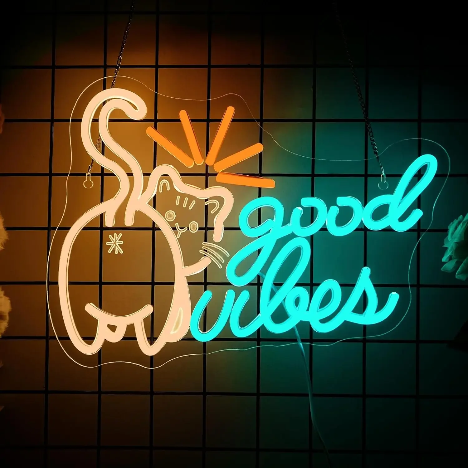 Good Vibes Cat Multicolor Neon Sign LED Wall Art USB Powered Positive Decor Bedroom Living Room Storefront Novelty Gift  Light