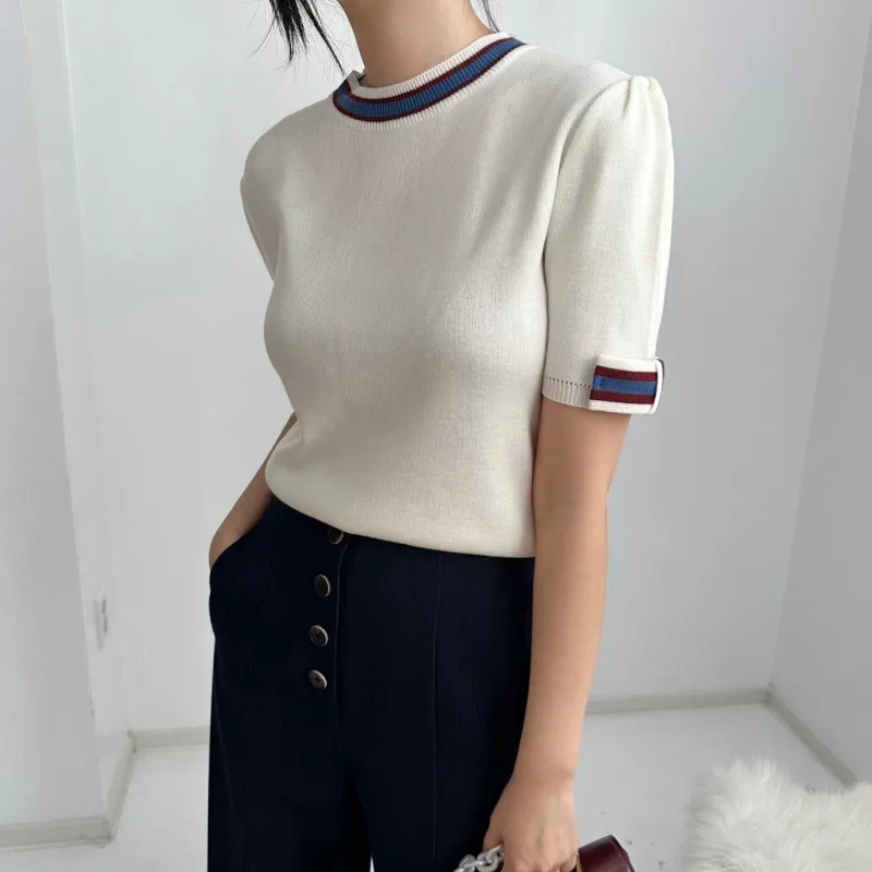 2024 Summer Thin Ice Silk Knitted T Shirts for Women Color Block Short Sleeve Pullovers Tees Korean Fashion Knitwear Tops Mujer