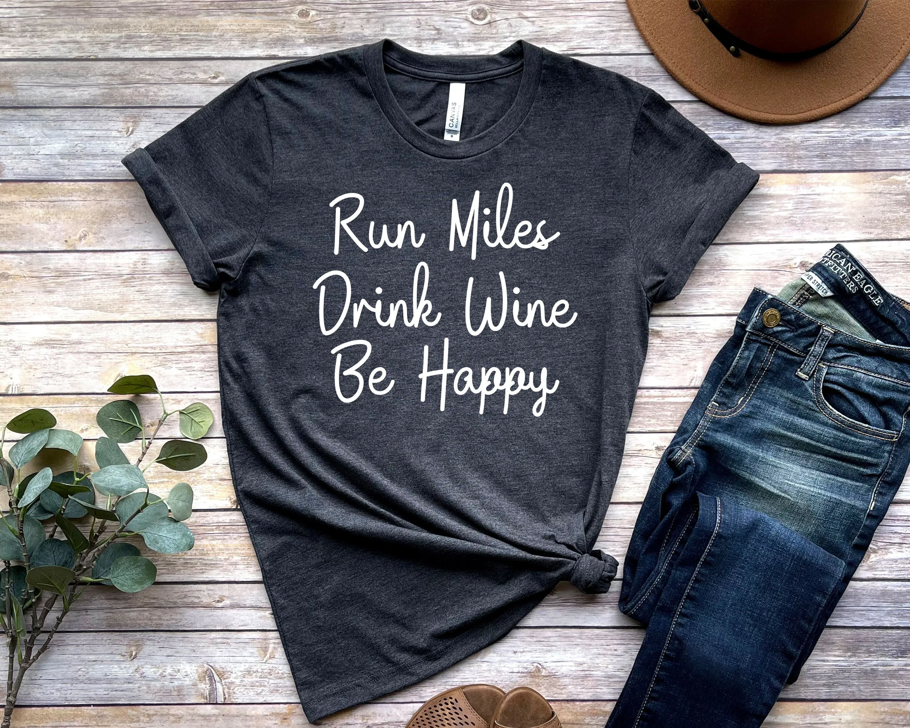 Run Miles Drink Wine T Shirt Funny Running Runner 5K Marathon Ultramarathon