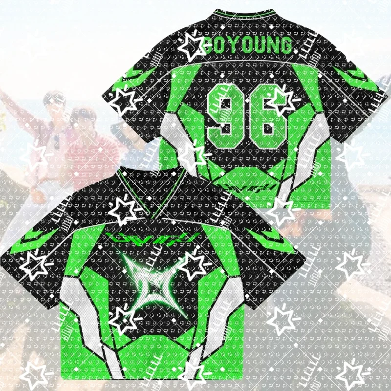 Women K-Pop Cropped Football Jersey Black Neon Green White Geometric Print Number 96 V-Neck Short Sleeve Crop Top Streetwear