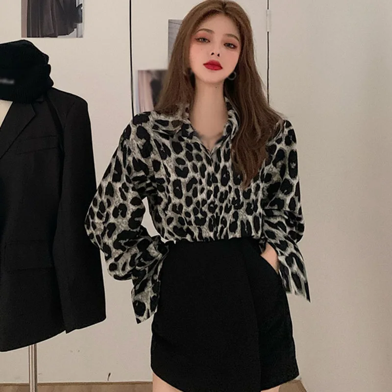 Women Leopard Print Shirt Retro Hong Kong Flavor Autumn New Mid-length Loose Long-sleeved Blouse