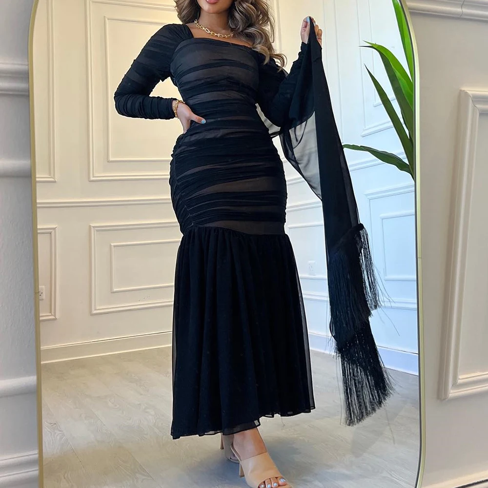 

Customized Graceful Watteau Train Pleats Tassel Square Neck Evening Dress Temperament Mermaid Chiffon Long Sleeves Party Gown