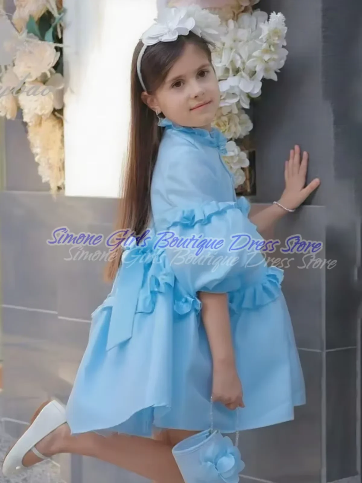 فستان فتاة الزهور برقبة عالية نصف منتفخة لحفلات الزفاف الرسمية للمناولة الأولى بطول الركبة فستان الأميرة الأنيق الجديد