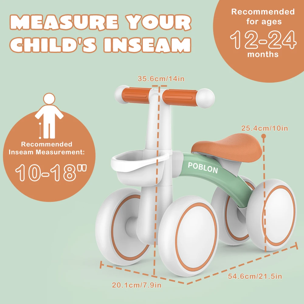 4-wielige loopfiets voor peuters van 1-2 jaar (12-24 maanden) met afneembare mandje, lichtgewicht rij-speelgoed, cadeau voor jongens en meisjes