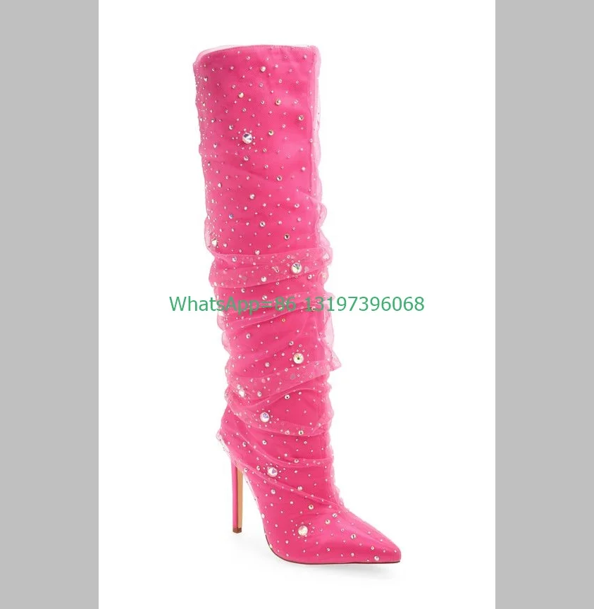 Lady pink mesh design rhinestone knee boots stiletto heel pointed toe glitter demand boots mesh elegant runway boots size 35-46