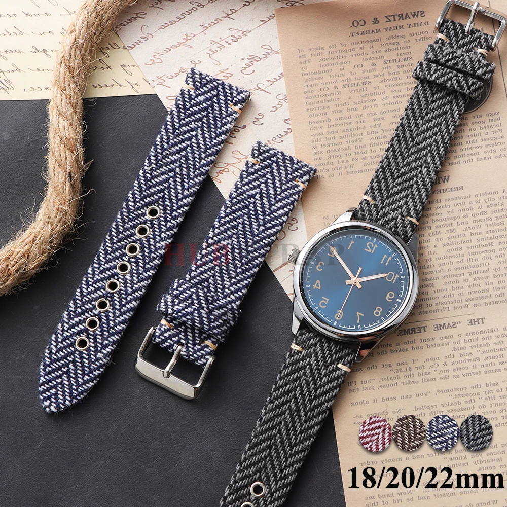 Bracelet tissé à dégagement rapide, 18mm 20mm 22mm, Vintage, en cuir véritable, en Nylon Tweed, pour Omega pour montre intelligente Seiko
