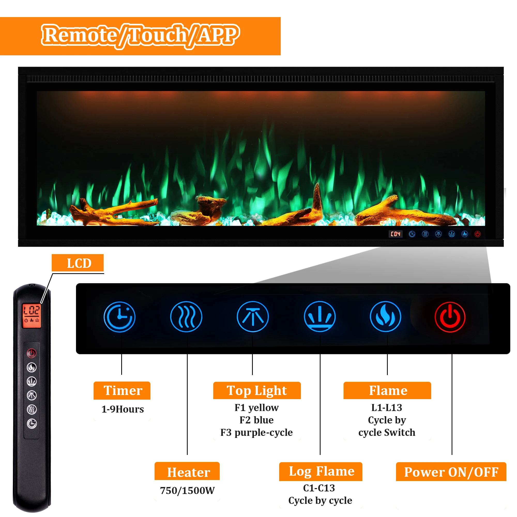 Efeito de chama realista lareira elétrica embutida, Aquecedores interiores luxuosos, Lareira moderna com controle do App, Fogo elétrico substitui o aquecimento