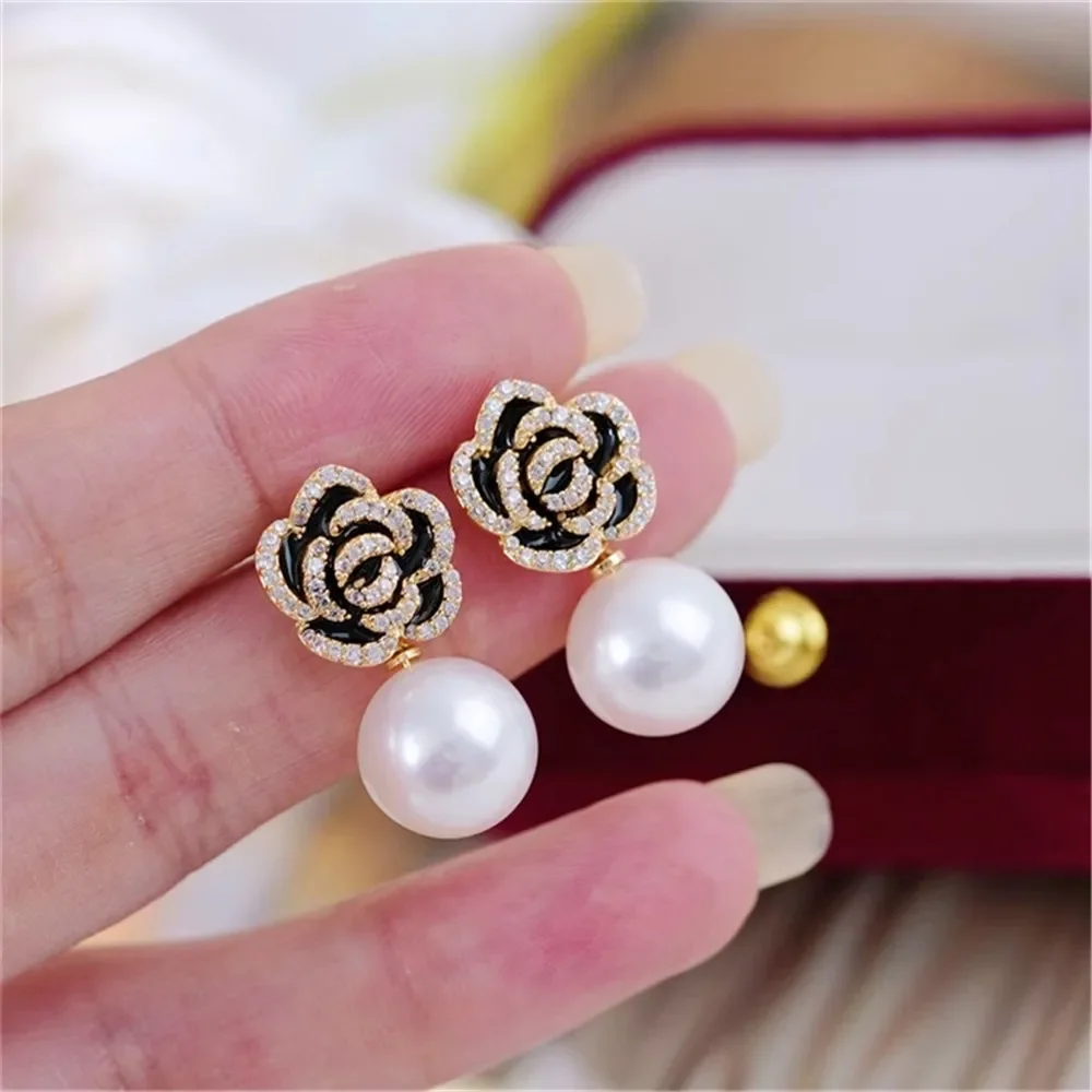 

DIY Pearl Accessories 18K Bag Gold Copper Thick Gold Plated Black Mountain Camellia Retro Stud Earrings Gold 9-13mm