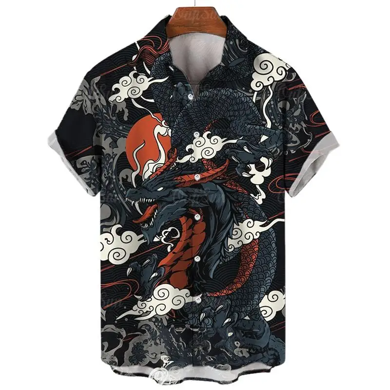 Men\'s Fashion Harajuku Casual Short Sleeve Social Vintage Hawaiian Floral Summer Shirt Dragon Printed Beach Cartoon Clothing